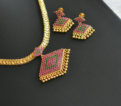 Gold tone pink-green stone  pathakkam necklace set dj-42219