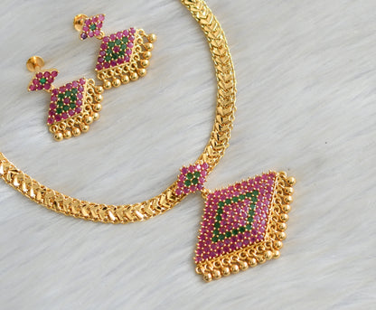 Gold tone pink-green stone  pathakkam necklace set dj-42219