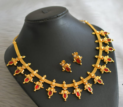 Gold tone kerala style red-white nagapadam lotus necklace set dj-45060