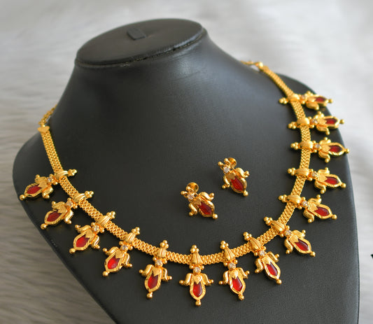 Gold tone kerala style red-white nagapadam lotus necklace set dj-45060