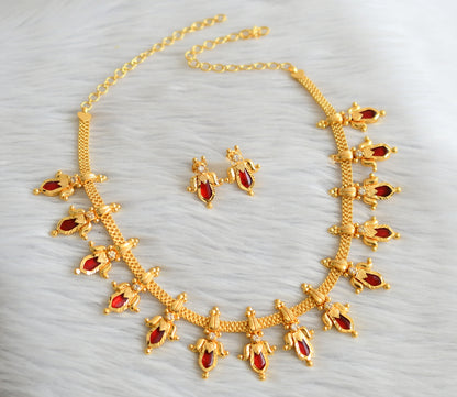 Gold tone kerala style red-white nagapadam lotus necklace set dj-45060