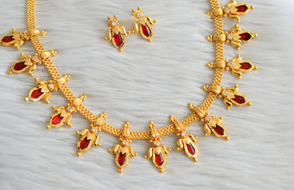 Gold tone kerala style red-white nagapadam lotus necklace set dj-45060