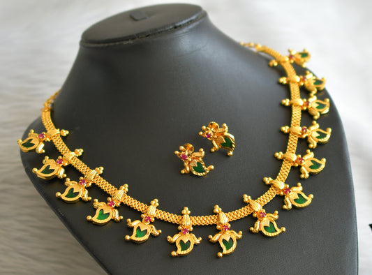 Gold tone kerala style pink-green mango lotus necklace set dj-45062