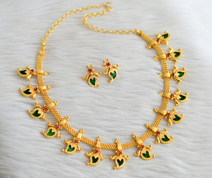 Gold tone kerala style pink-green mango lotus necklace set dj-45062