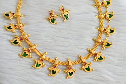 Gold tone kerala style pink-green mango lotus necklace set dj-45062