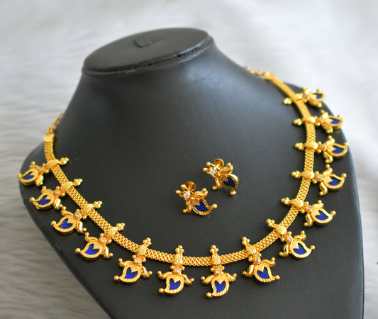 Gold tone kerala style blue-white mango lotus necklace set dj-45064