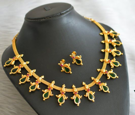 Gold tone kerala style pink-green gopi lotus necklace set dj-45065