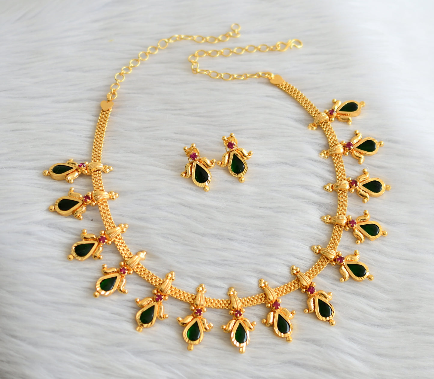 Gold tone kerala style pink-green gopi lotus necklace set dj-45065