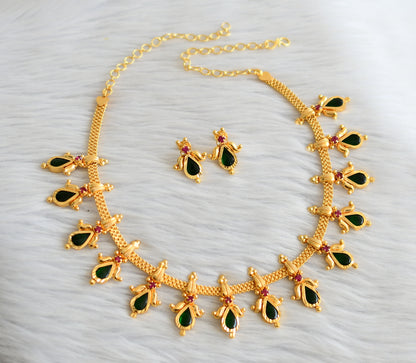 Gold tone kerala style pink-green gopi lotus necklace set dj-45065