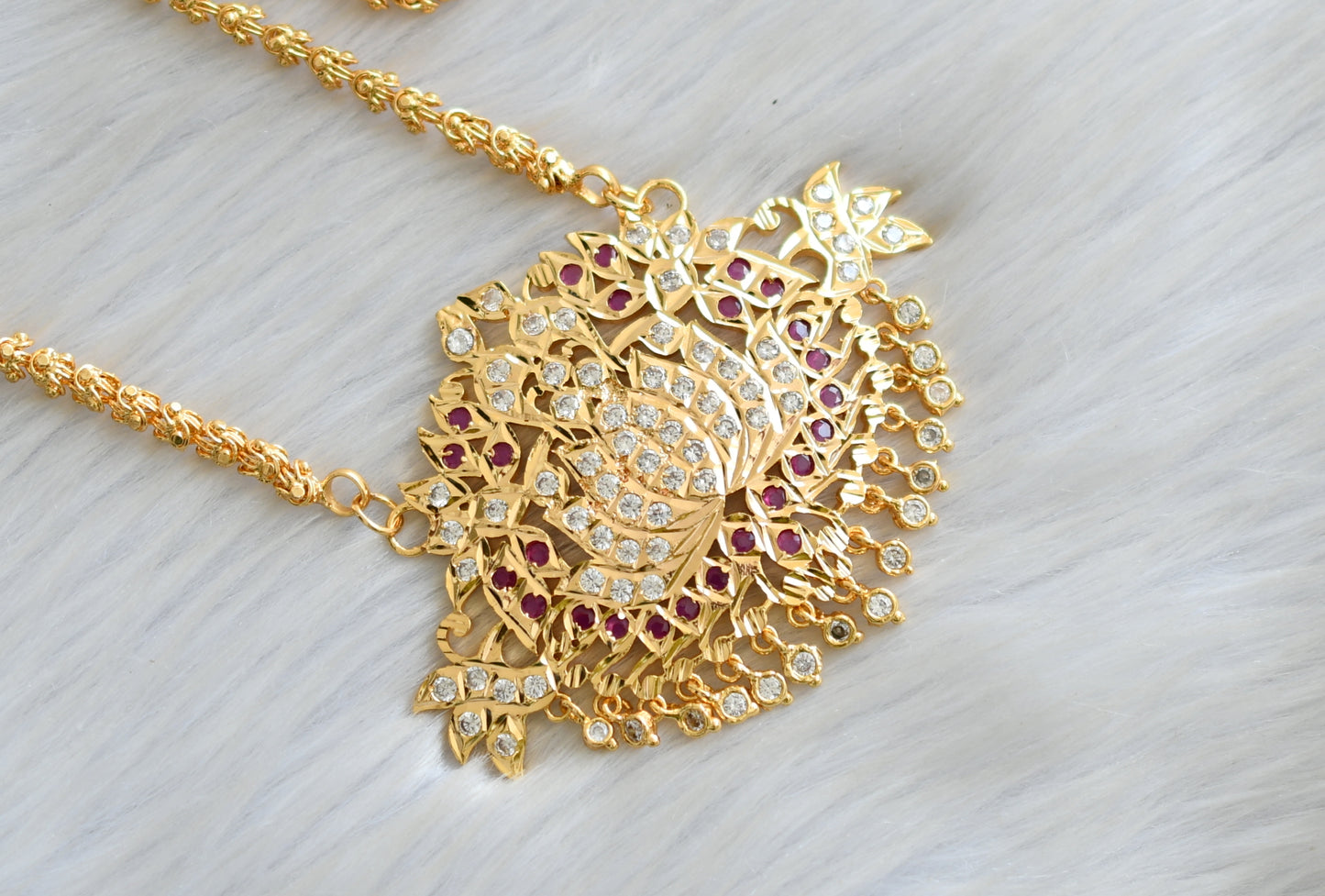 Gold tone ad ruby-white stone south Indian style Lotus pendant with chain dj-42196