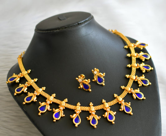 Gold tone kerala style blue-white gopi lotus necklace set dj-45067