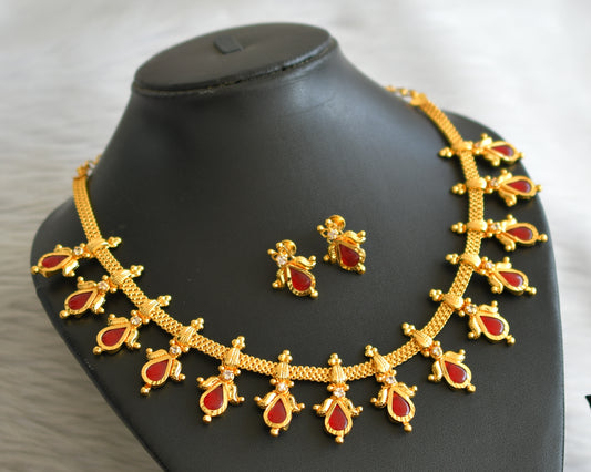 Gold tone kerala style red-white gopi lotus necklace set dj-45066