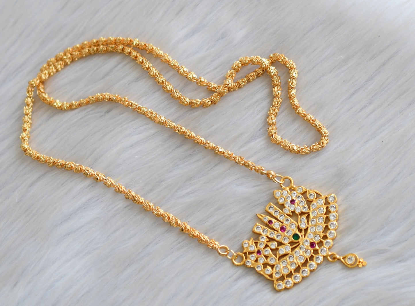 Gold tone ad ruby-white-green stone shanku-chakra-nama south Indian style pendant with chain dj-42213