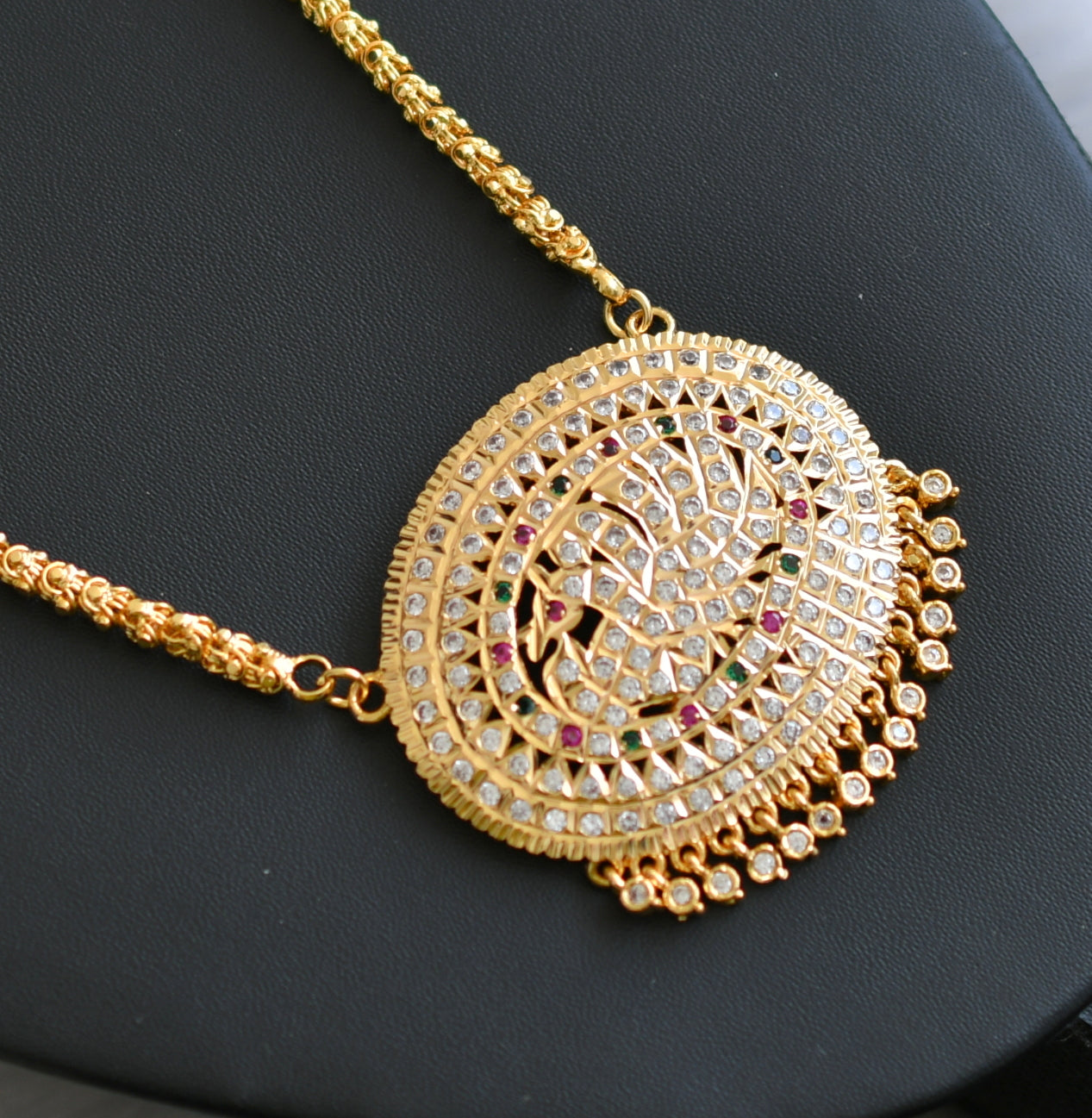 Gold tone ad ruby-green-white stone peacock south Indian pendant with chain dj-42210