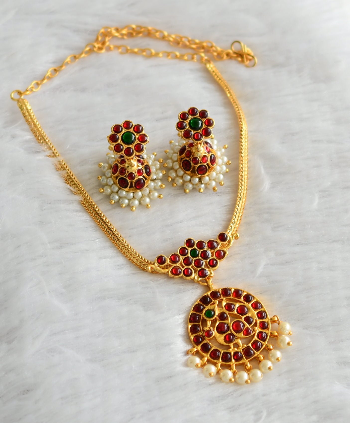 Gold tone kemp-green-pearl peacock flower necklace set dj-46770