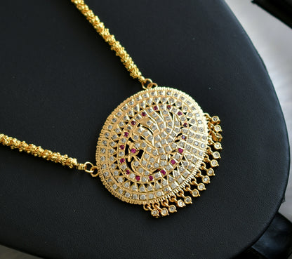 Gold tone ad ruby-white stone peacock south Indian pendant with chain dj-42211