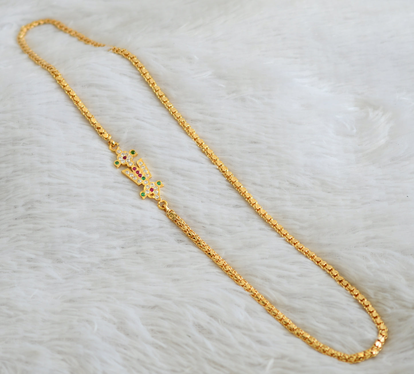 Gold tone ad pink-green-white shanku-chakra-nama 24 inches heart mugappu chain dj-48525