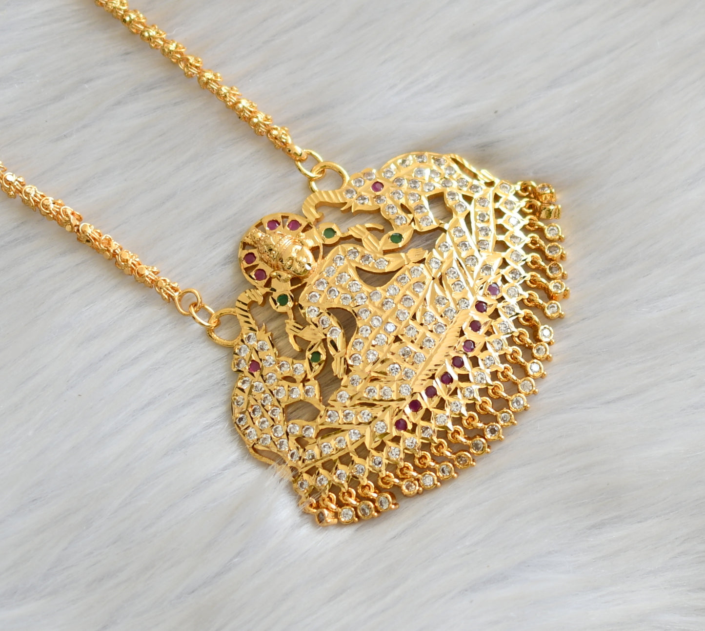 Gold tone ad white-ruby-green stone south Indian style Lakshmi-Elephant pendant with chain dj-42209
