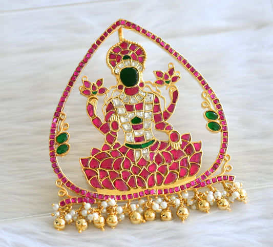 Gold tone pink-green-white kundan jadau lakshmi pendant dj-43500