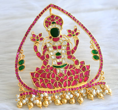 Gold tone pink-green-white kundan jadau lakshmi pendant dj-43500