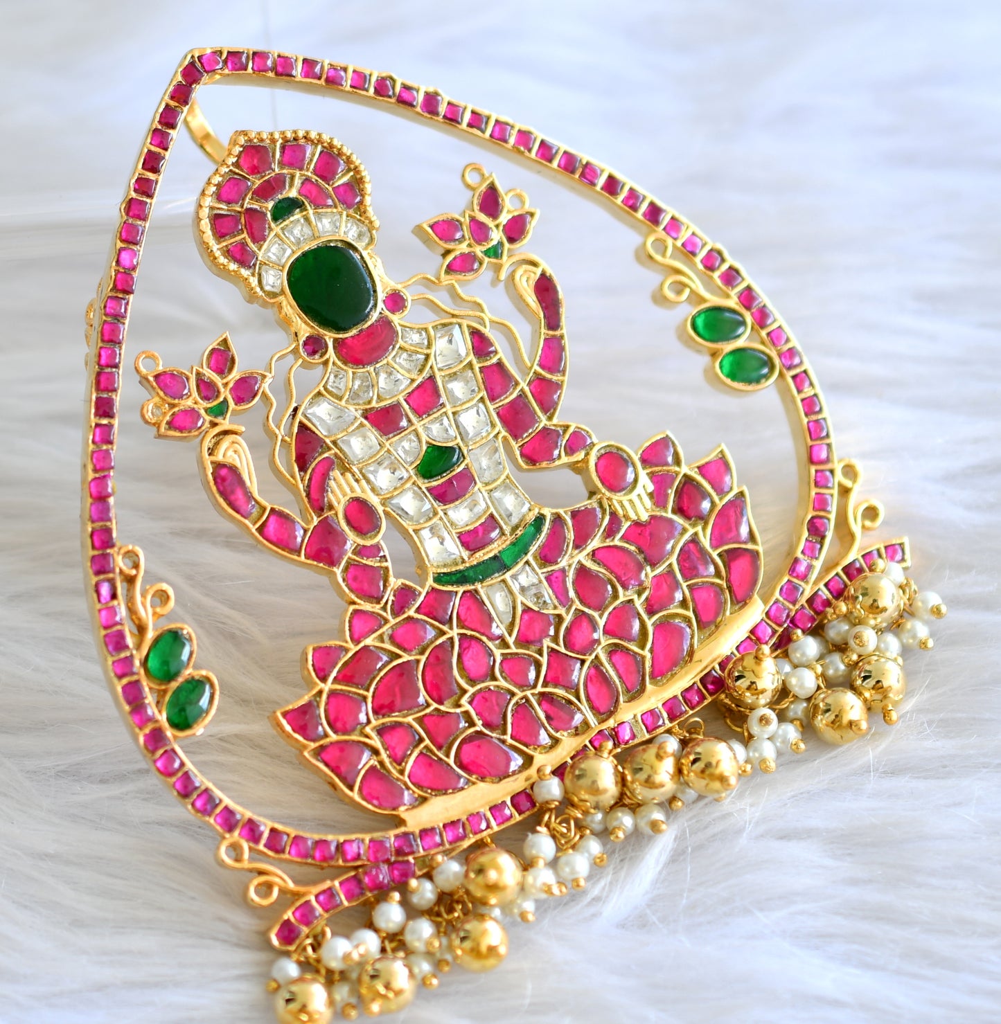 Gold tone pink-green-white kundan jadau lakshmi pendant dj-43500