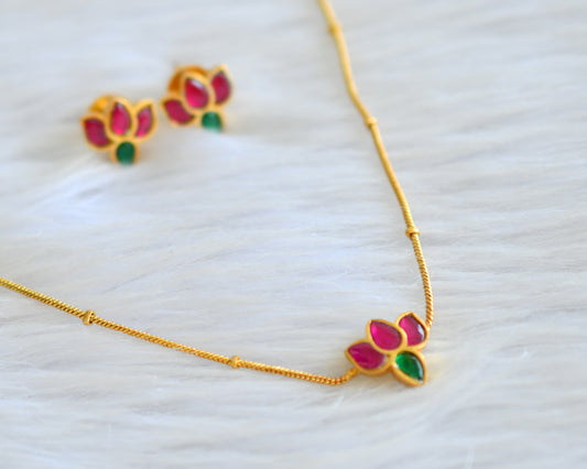 Gold tone pink-green lotus kundan jadau necklace set dj-43509