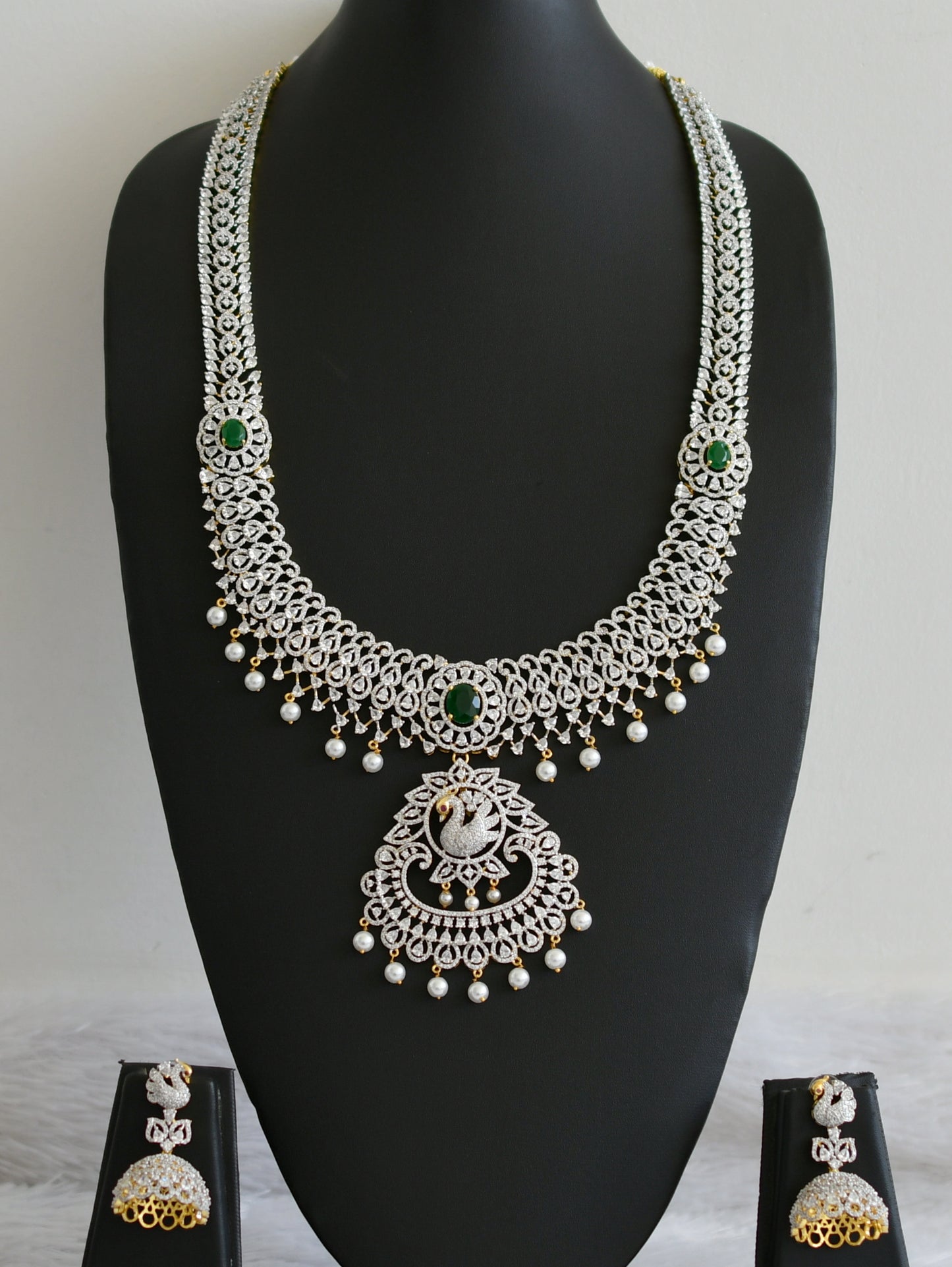 Two tone cz white-emeralad pearl peacock haar set dj-48518