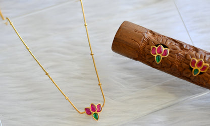 Gold tone pink-green lotus kundan jadau necklace set dj-43509