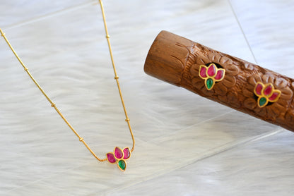 Gold tone pink-green lotus kundan jadau necklace set dj-43509