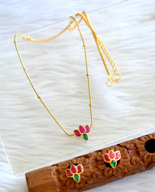 Gold tone pink-green lotus kundan jadau necklace set dj-43509