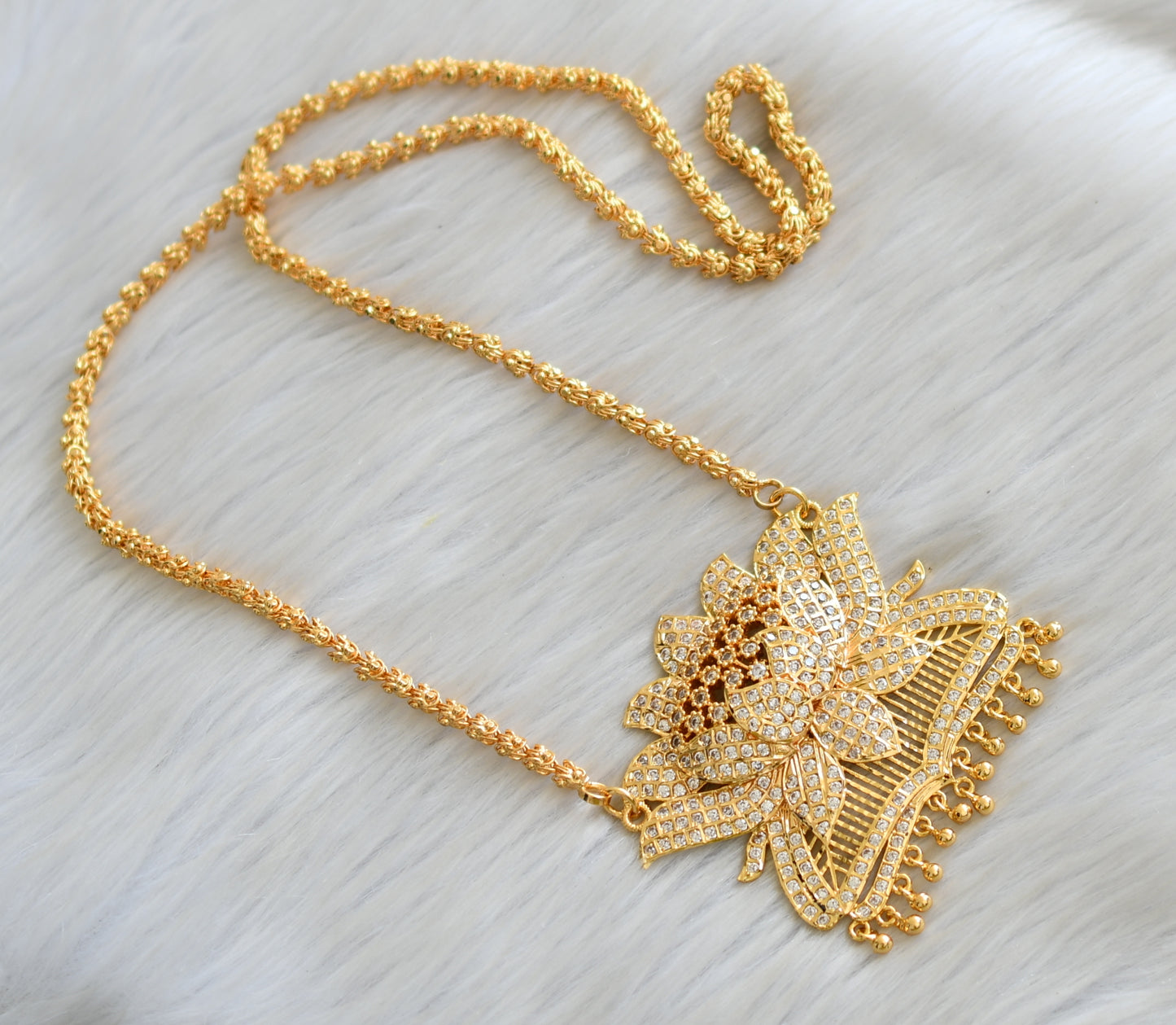 Gold tone ad white stone south Indian style Lotus pendant with chain dj-42201