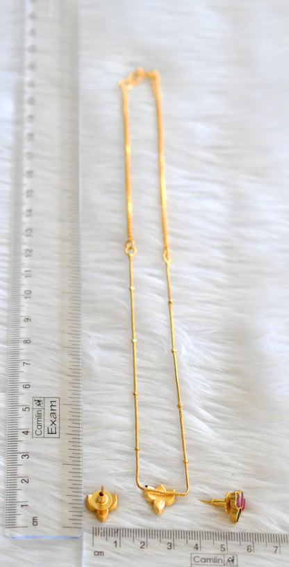 Gold tone pink-green lotus kundan jadau necklace set dj-43509