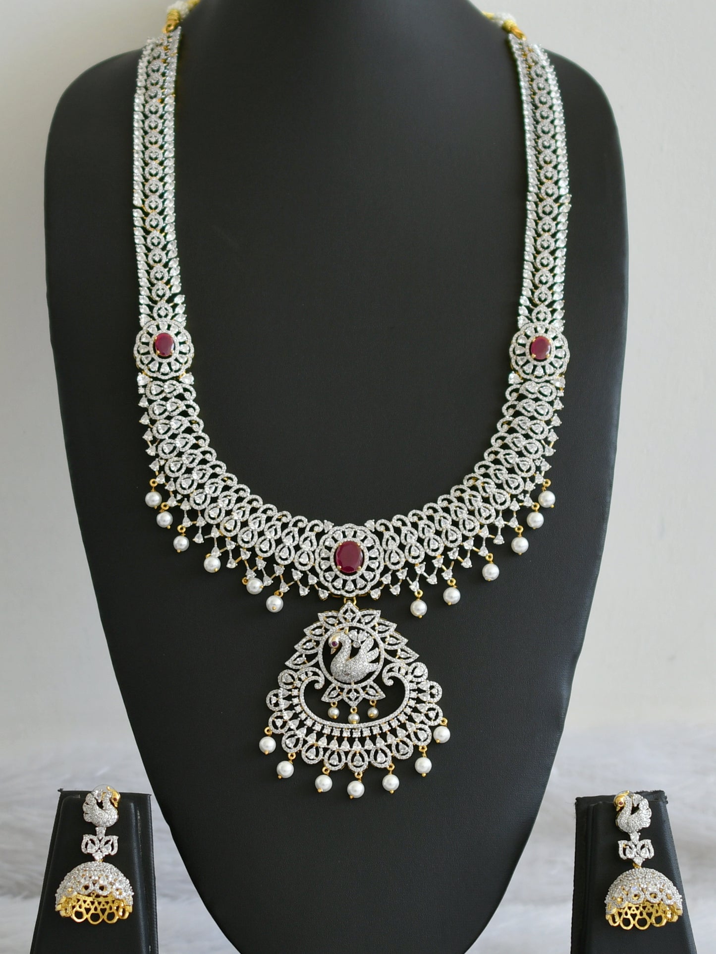 Two tone cz white-ruby pearl peacock haar set dj-48517