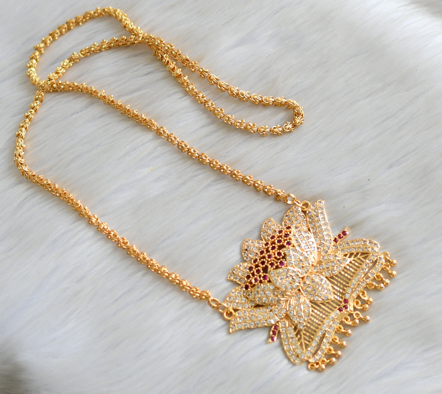 Gold tone ad ruby-white stone south Indian style Lotus pendant with chain dj-42202