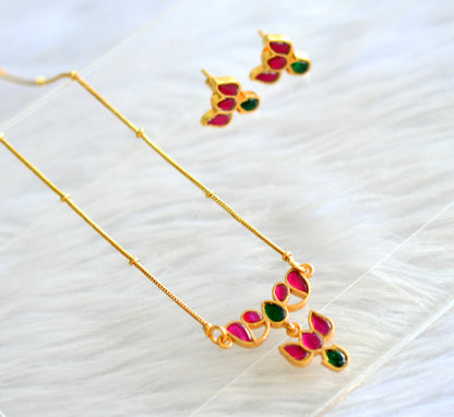 Gold tone pink-green lotus kundan jadau necklace set dj-43510