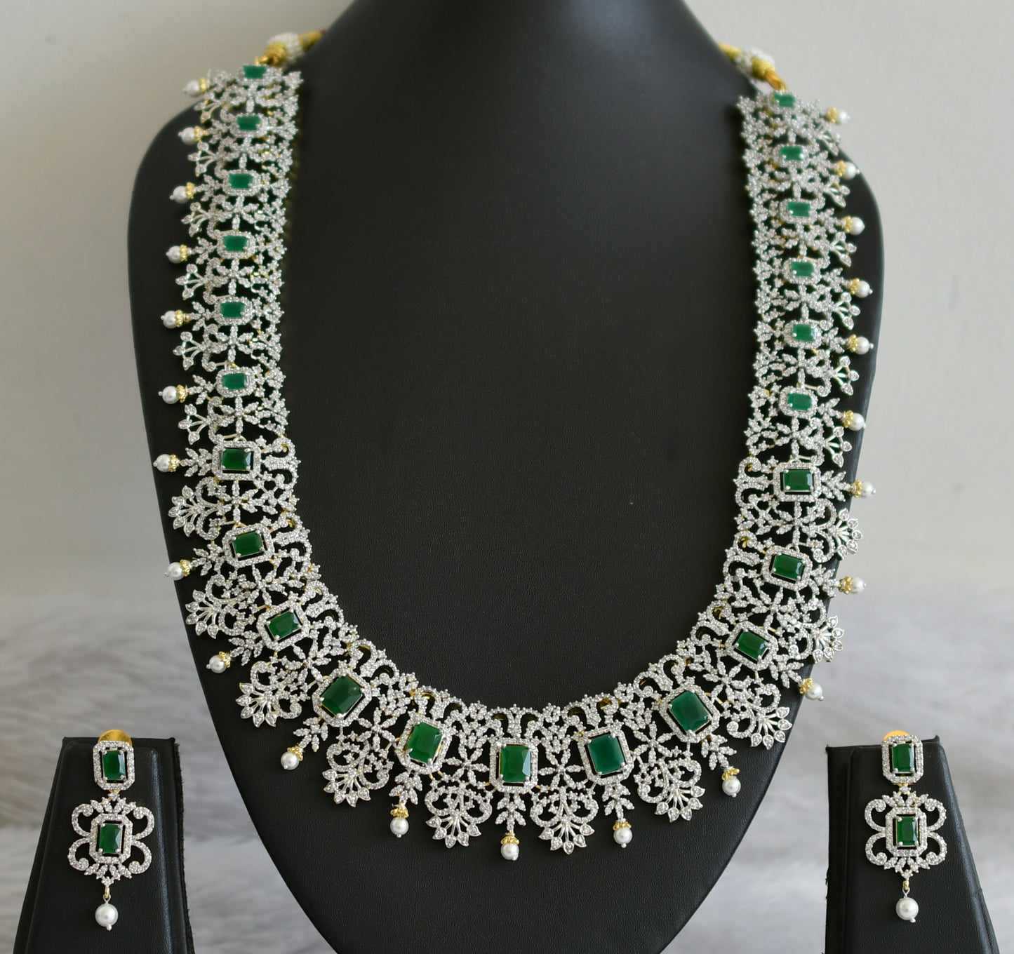 Two tone cz white-emerald block stone pearl haar set dj-48516