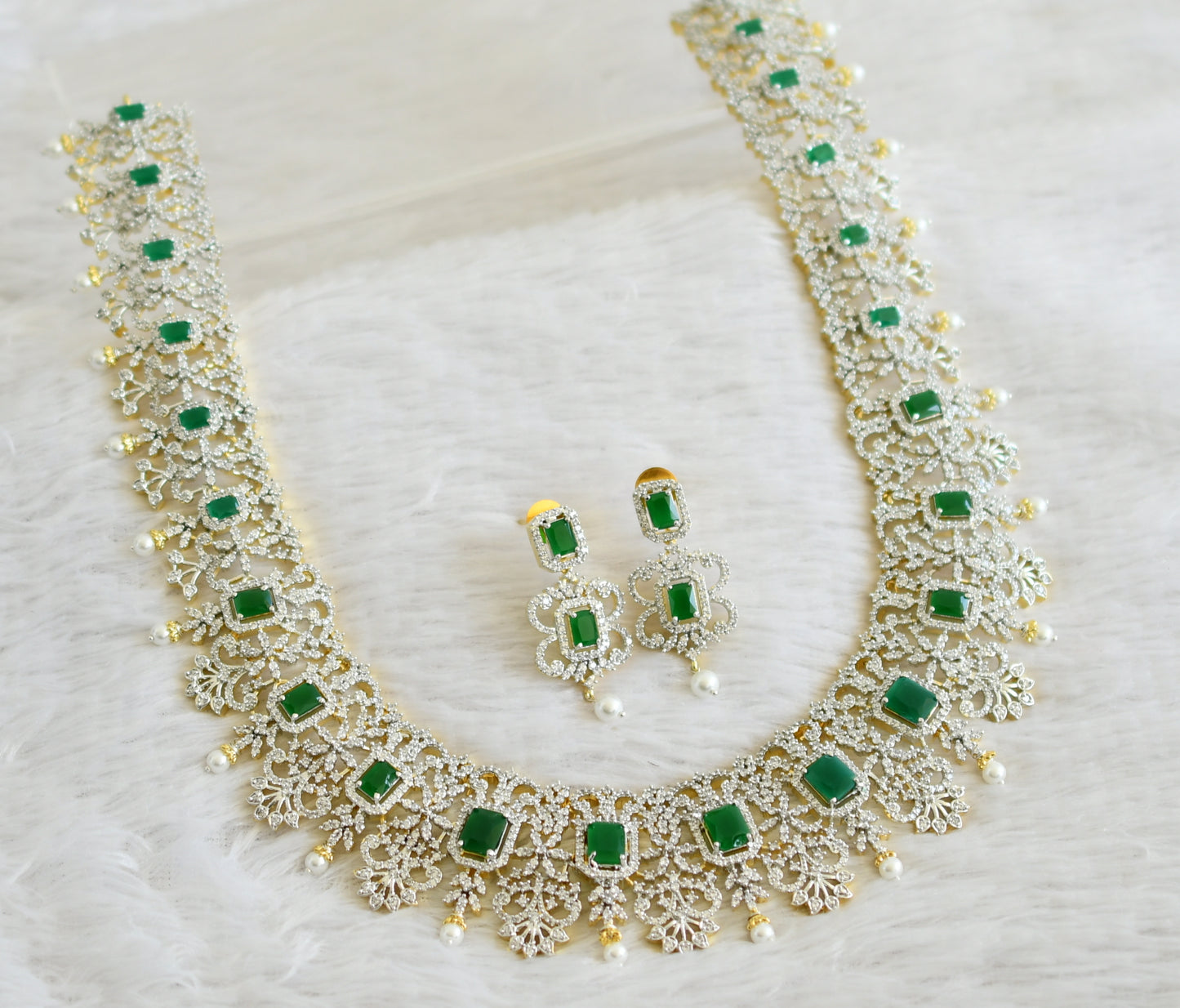 Two tone cz white-emerald block stone pearl haar set dj-48516