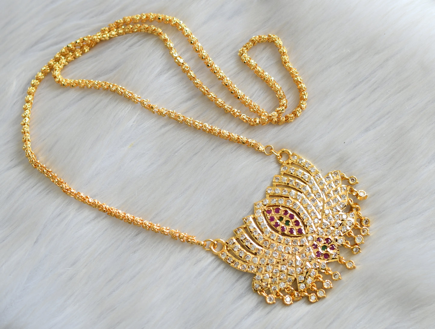 Gold tone ad ruby-white-green stone south Indian style Lotus pendant with chain dj-42197