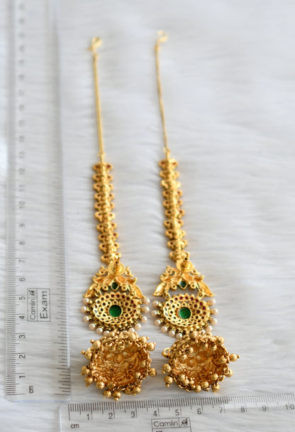 Matte finish kemp-green peacock  jhumkka with ear side chain dj-37070