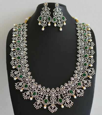 Two tone cz white-emerald thilak stone haar set dj-48522