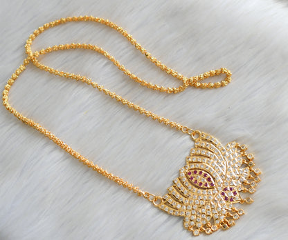 Gold tone ad ruby-white stone south Indian style Lotus pendant with chain dj-42199