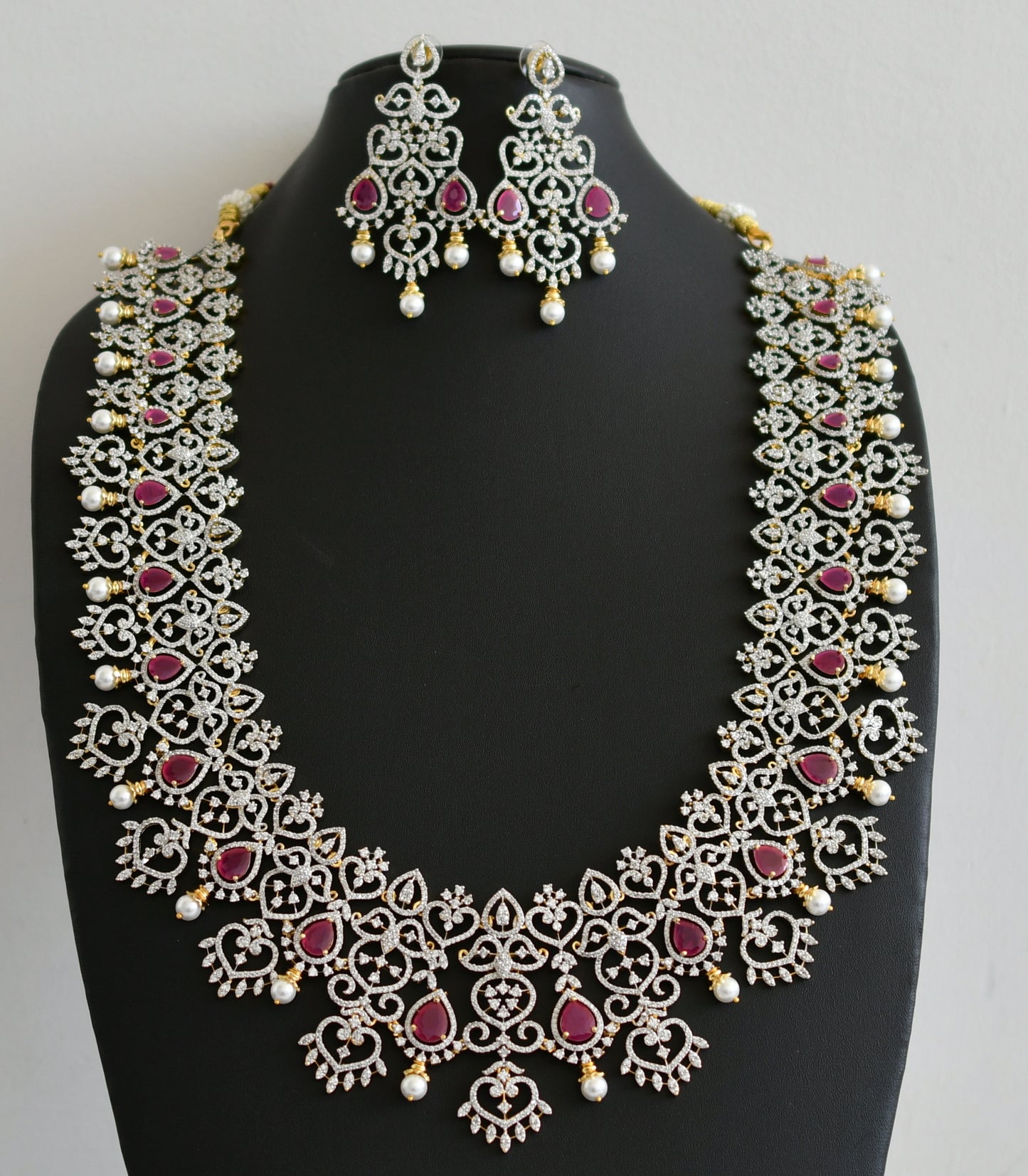 Two tone cz white-ruby thilak stone haar set dj-48521