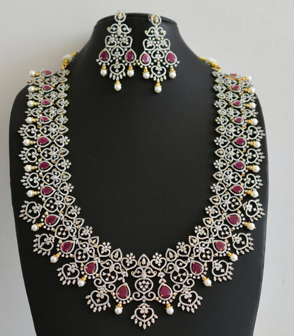 Two tone cz white-ruby thilak stone haar set dj-48521