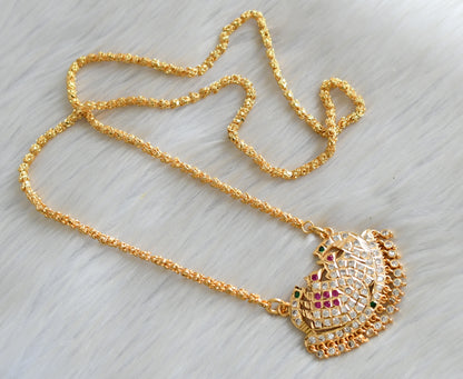 Gold tone ad ruby-white-green stone south Indian style swan pendant with chain dj-42203