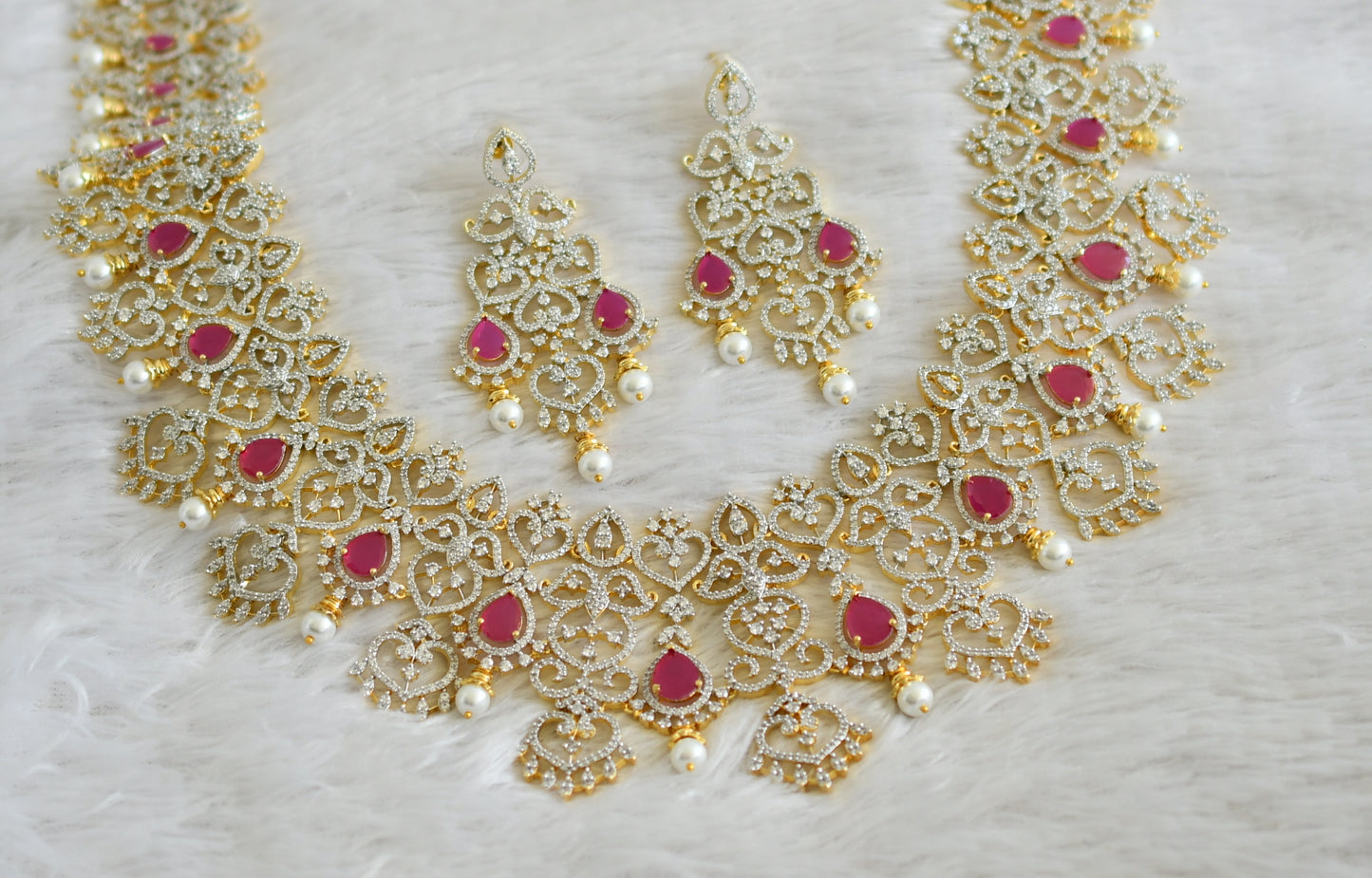 Two tone cz white-ruby thilak stone haar set dj-48521