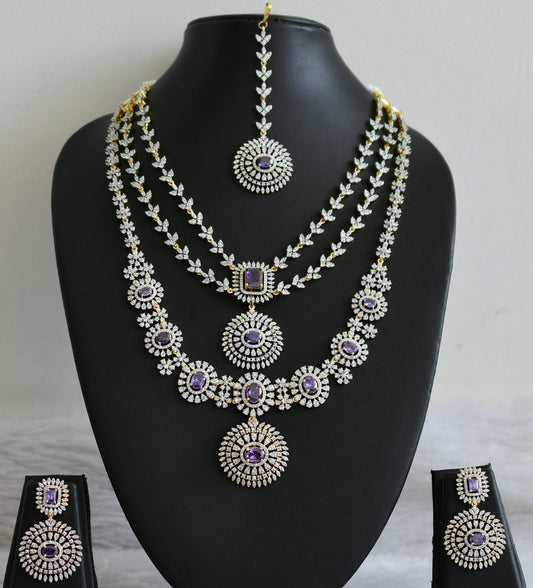 Two tone cz white-purple stone multi layer round short haar set dj-48515