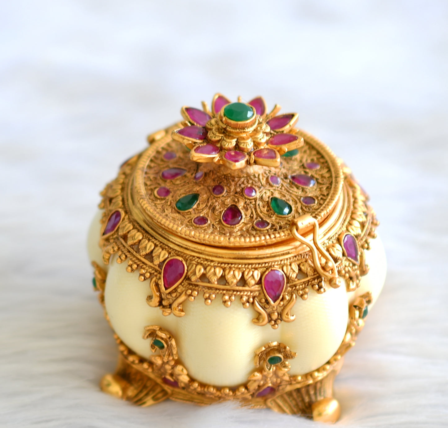 Antique gold tone ruby-emerald pumpkin kumkum box dj-43512