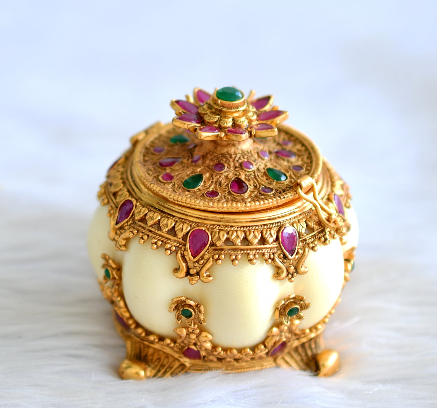 Antique gold tone ruby-emerald pumpkin kumkum box dj-43512