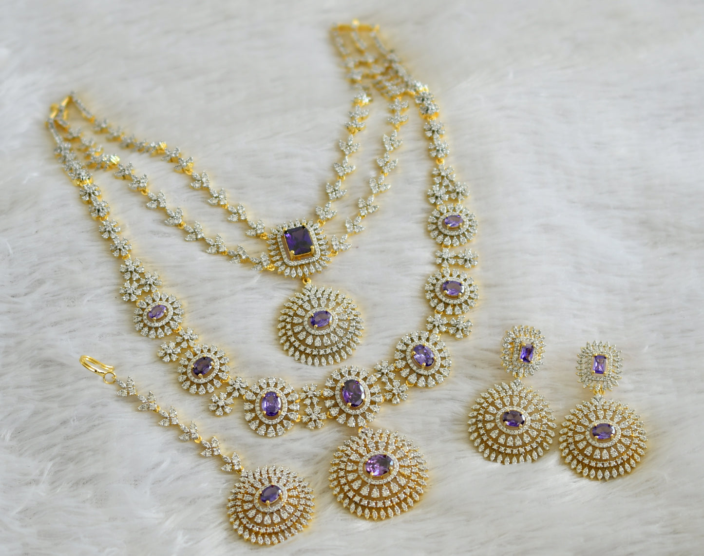 Two tone cz white-purple stone multi layer round short haar set dj-48515