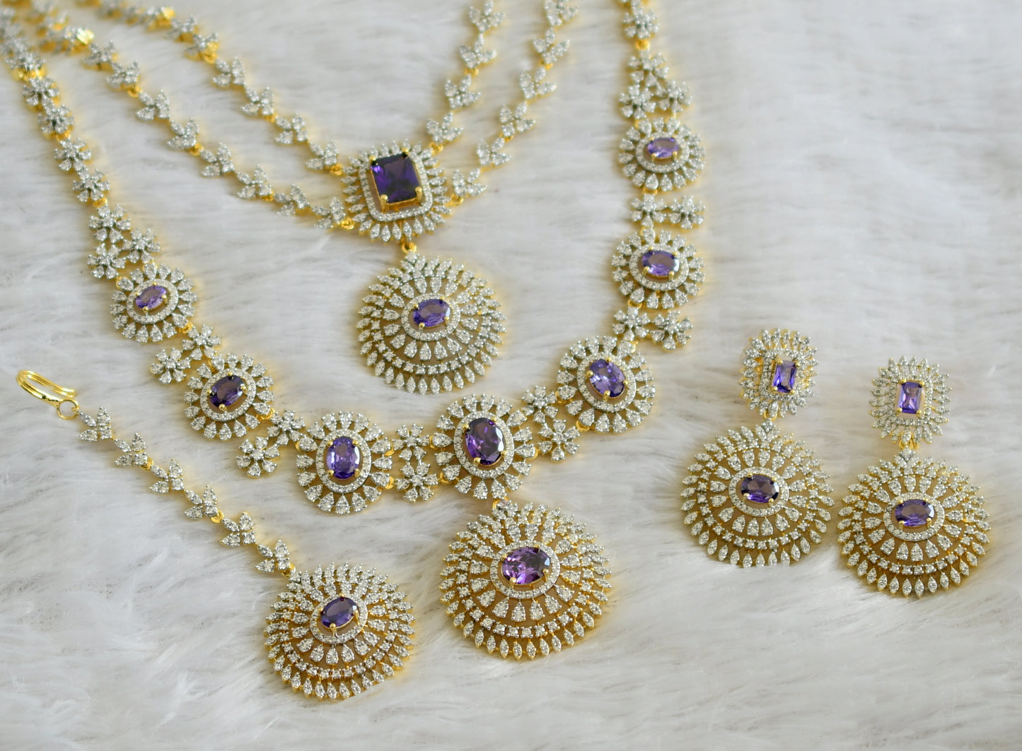 Two tone cz white-purple stone multi layer round short haar set dj-48515